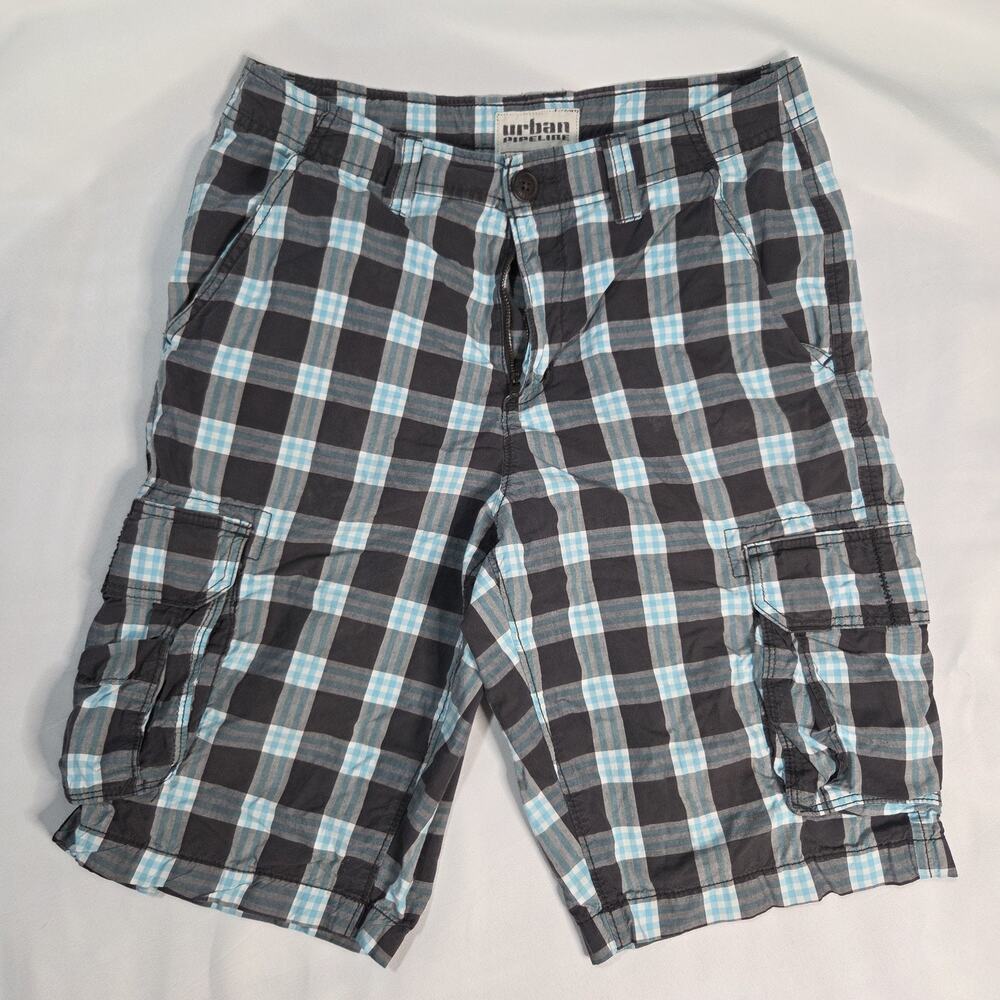 Urban Pipeline Mens Plaid Cargo Shorts Black Blue Grey Cotton Size 30